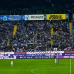 Cartellonistica Idealwood a bordocampo allo stadio Rigamonti durante una partita di Union Brescia